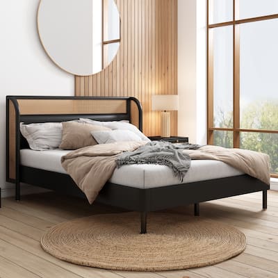 Roomfitters Queen Platform Bed, Modern Cannage Rattan with Upholstered Headboard, Mid-Century Design for Bedroom