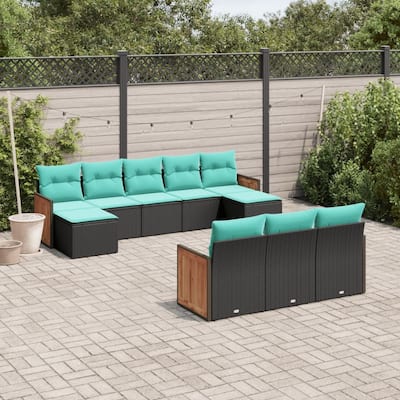 vidaXL 10 Piece Patio Sofa Set with Cushions Black Poly Rattan