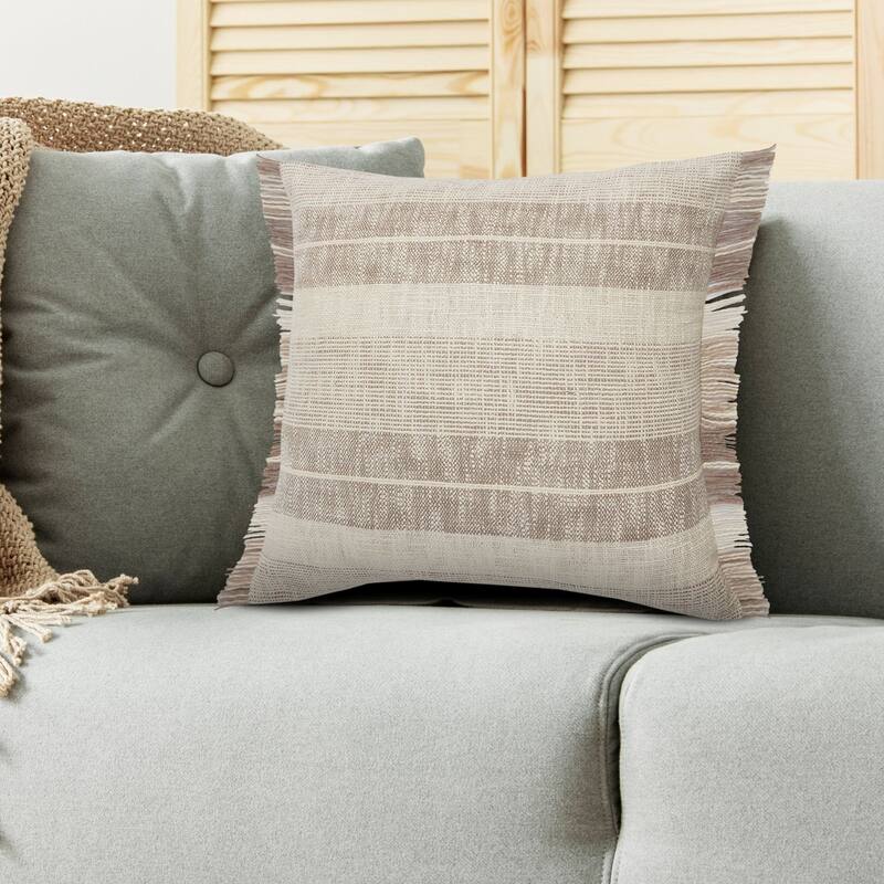 20" Tan and Beige Farmhouse Striped Square Throw Pillow