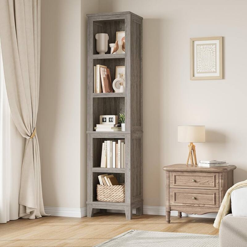 5 Tier Tall Narrow Bookcase with Adjustable Shelves for Living Room Apartment Office - N/A