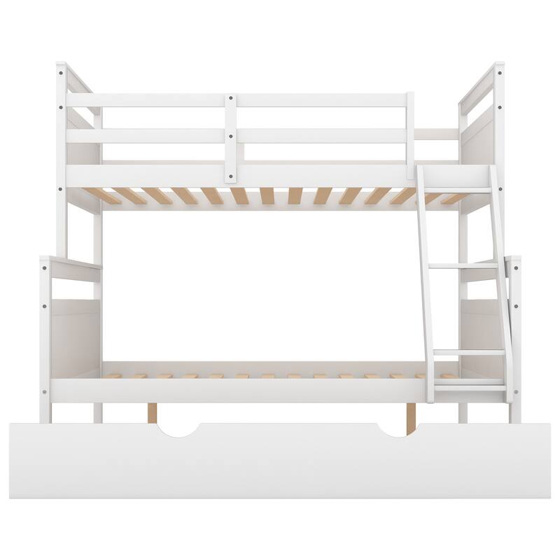 Twin over Full Bunk Bed with Ladder, Twin Size Trundle, Safety Guardrail, White and Grey