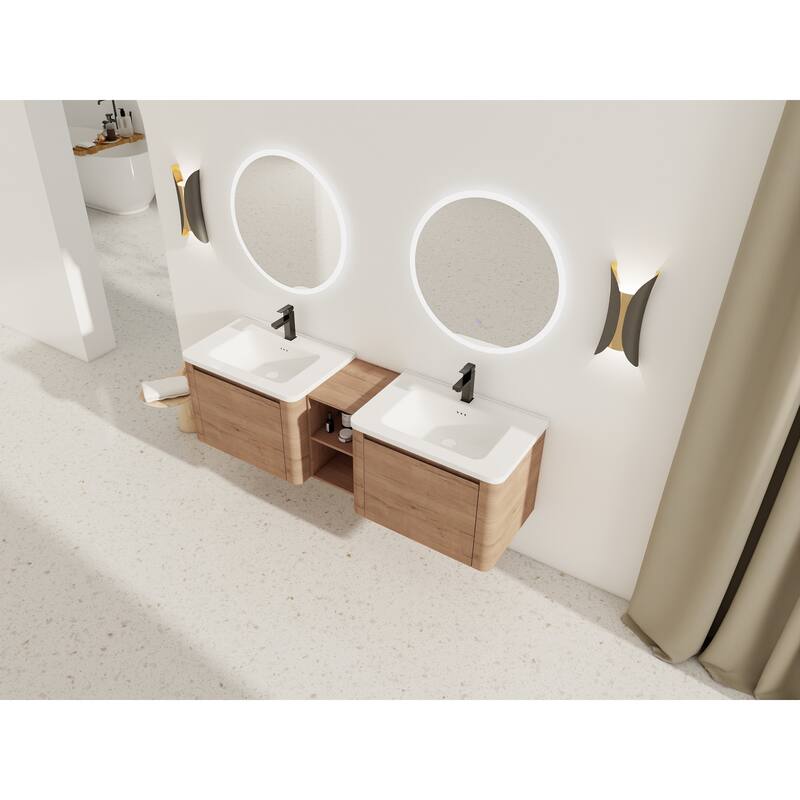 68'' Wall-Mounted Bathroom Vanity with White Ceramic Sink and Storage Shelves & 1-Soft-Close Door, KD-Packing, Plywood