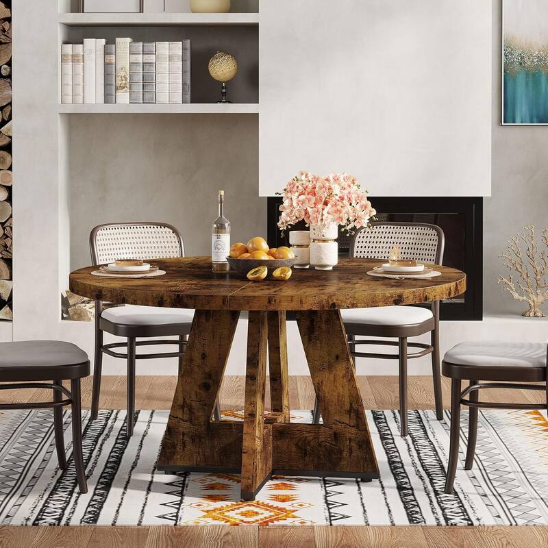 47" Round Wood Dining Table 4-Seater Farmhouse with Wooden Tabletop Cross Base for Dining Room/Kitchen