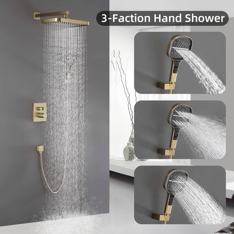 Modland 4-Way Square Thermostatic Rainfall Shower System with Rough-in Valve, Black/Gold