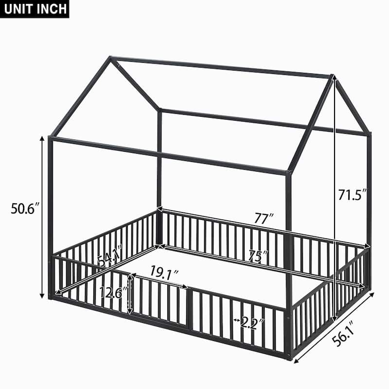 Black Full Size Metal House Bed with Fence, Roof, and Door for Kids