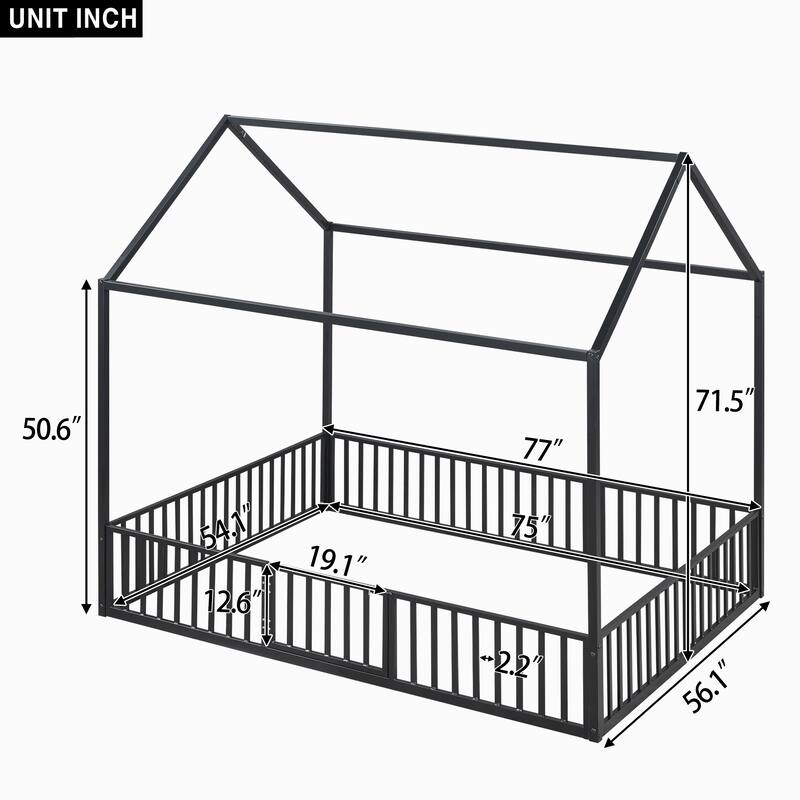 Full Size Metal House Bed with Fence, Roof and Door for Kids, Boys and Girls, Bedroom