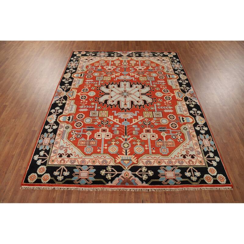 Orange Geometric Kazak Indian Area Rug Handmade Wool Carpet - 7'10" x 9'11"