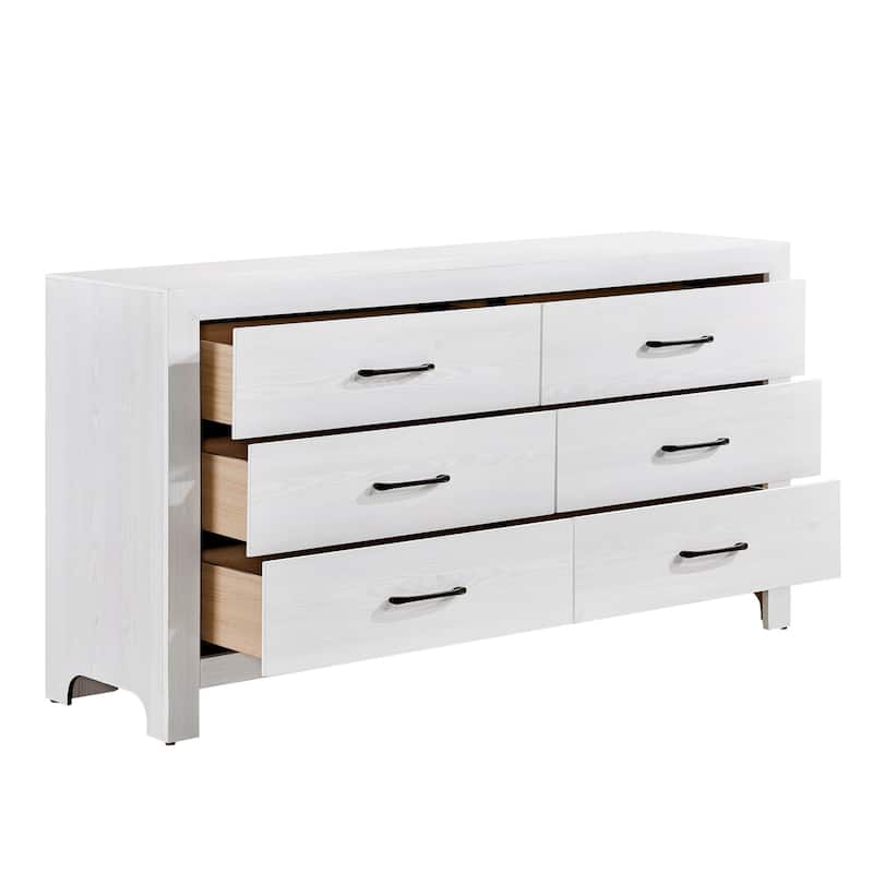 Eby 59 Inch Wide Dresser, 6 Drawers with Black Nickel Handles, White Finish