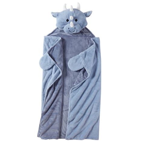 Hopscotch Dragon Kids Fur Plush Hooded Throw Blanket, 50" x 40", Grey