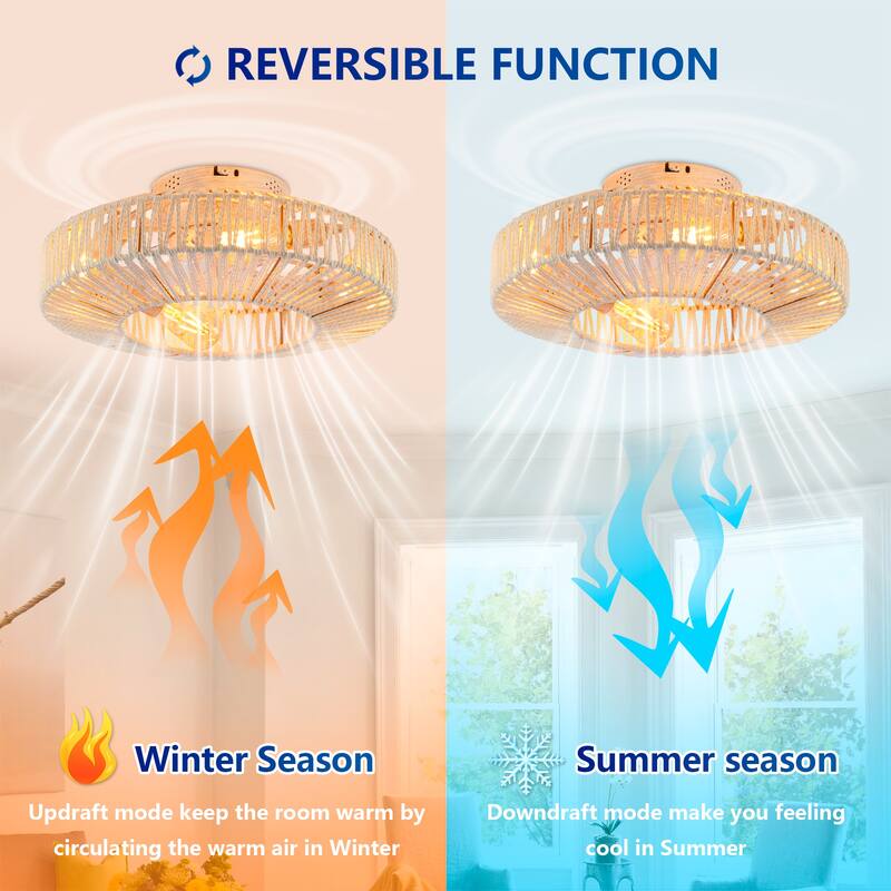 20" Rope Caged Ceiling Fans with Remote, Flush Mount Ceiling Fan with Light, Low Profile Chandelier 6 Speed DC Motor