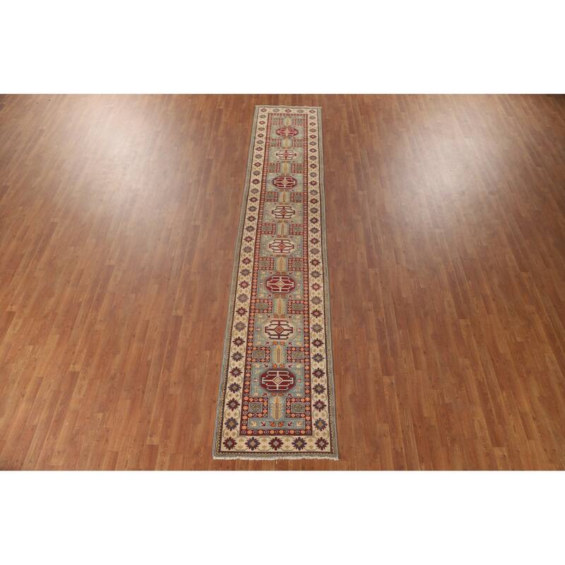 Geometric Kazak Runner Rug Hand-Knotted Wool Carpet - 2'8" x 13'6"