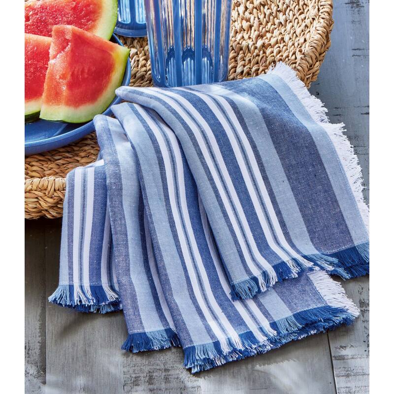 Azure Stripe Cotton Napkins - Indigo Blue Kitchen Textiles, Summer Dining Cloth Napkins, Machine Washable, 20" x 20"