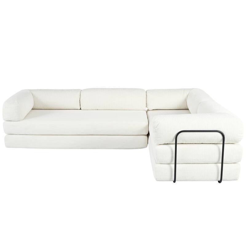 L-Shaped Corduroy Polyester Sofa Bed, Beige, 115x79x30 inches, 162 lbs