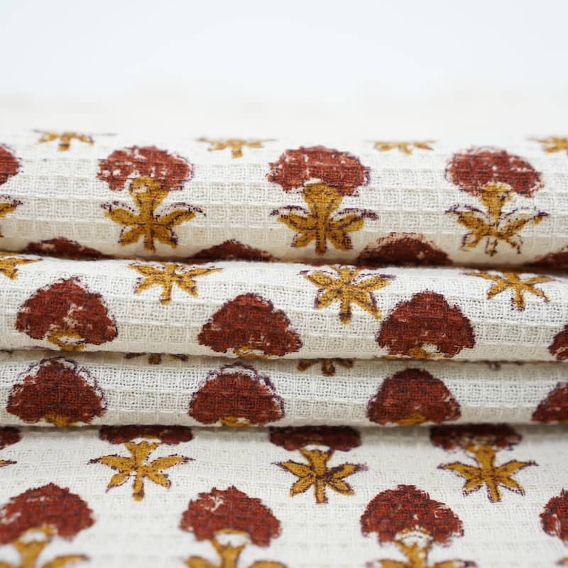 Fabdivine Honeycomb or Waffle Weave Hand Block Floral Print Hand Towel, Kitchen Gift Use