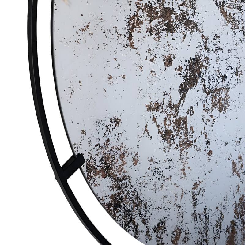 Black Iron Round Wall Mirror with Antique Finish, Vertical Accent Design - 0.7” x 31.5” x 31.5” (D x W x H)