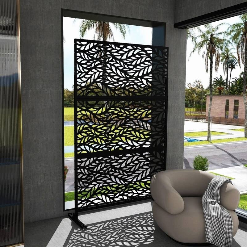 Free Standing Flowleaf Black Decorative Outdoor Privacy Screen, 47" L x 76" H