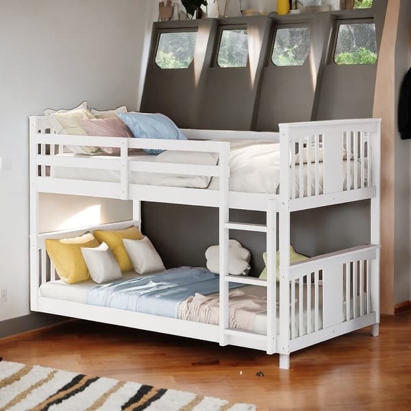slide 2 of 28, Twin Over Twin Bunk Bed with Built-in Ladder and Guardrail White