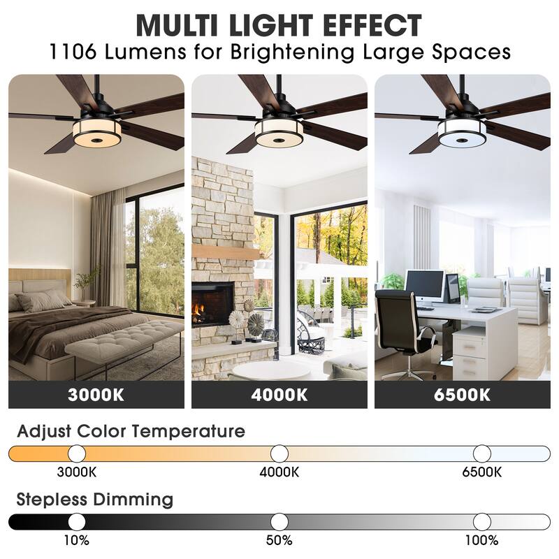 52" Modern Black Reversible Dimmable Integrated LED Ceiling Fan with Light and Remote - 52" W x 52" D x 17.72" H