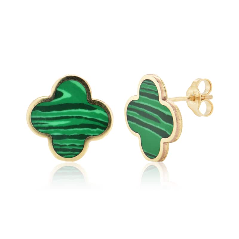 Italian Gold 14K Yellow Gold Large Clover Stud Earrings - Made in Italy - Clover Size 15mm 2.40 grams - Malachite