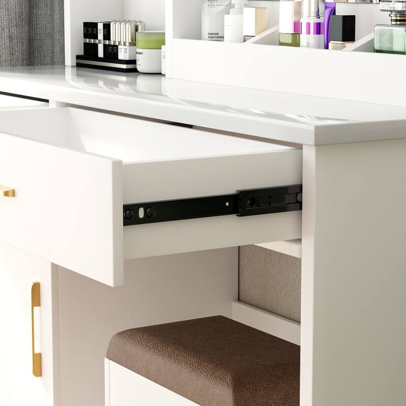 32" Wide Makeup Vanity Desk with Lighted Mirror Power Outlet, Dressing Table with Large Storage Space and Cushioned Stool