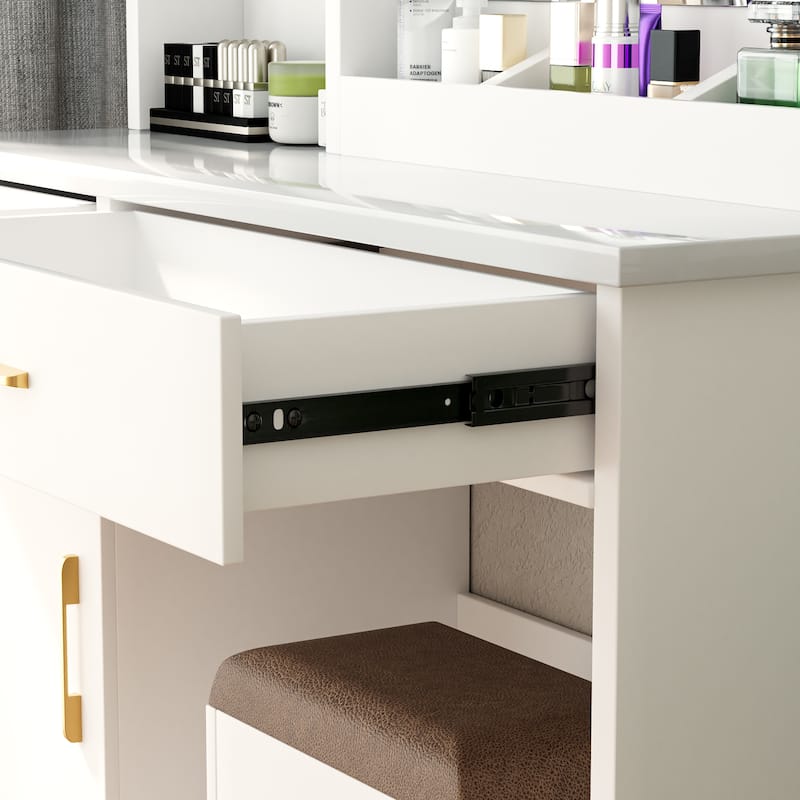 32" Wide Makeup Vanity Desk with Lighted Mirror and Power Outlet, Dressing Table with Large Storage Space and Cushioned Stool