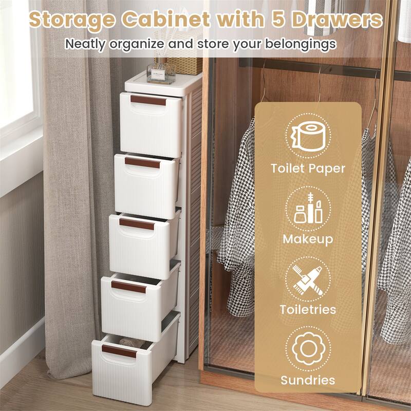 Gymax 5-Drawer Narrow Rolling Storage Cabinet w/ Pull Handles Built-in