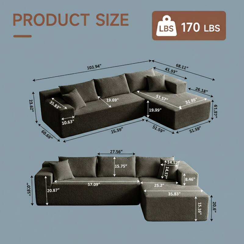 103.54" L-Shaped Modern High-Density Sponge Velvet Modular Sectional Sofa with Chaise & Pillows