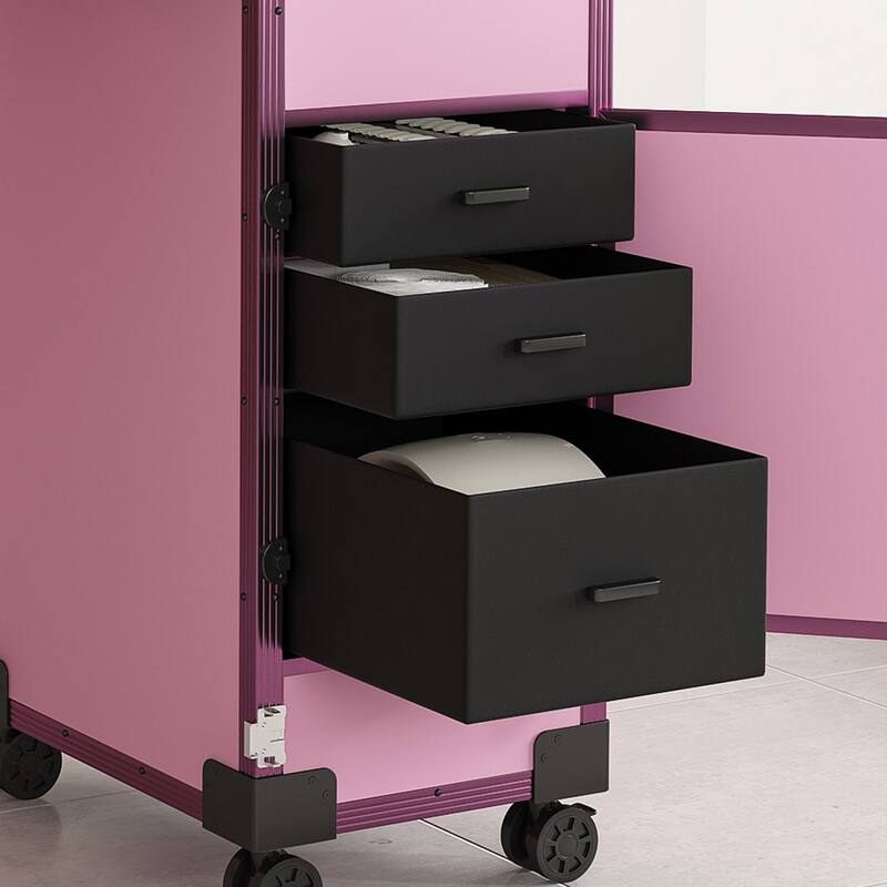 Portable Nail Art Table w/ LED Mirror, Bluetooth, Lockable Drawers, Telescopic Pole - Folding Manicure Station for Salons