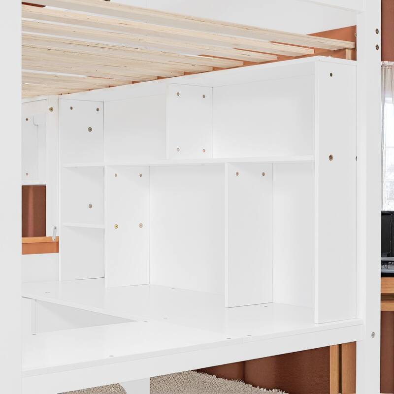 Twin Over Full Wooden Bunk Bed with Desk, Drawers, Shelves, Cabinet & LED Light, White and Orange