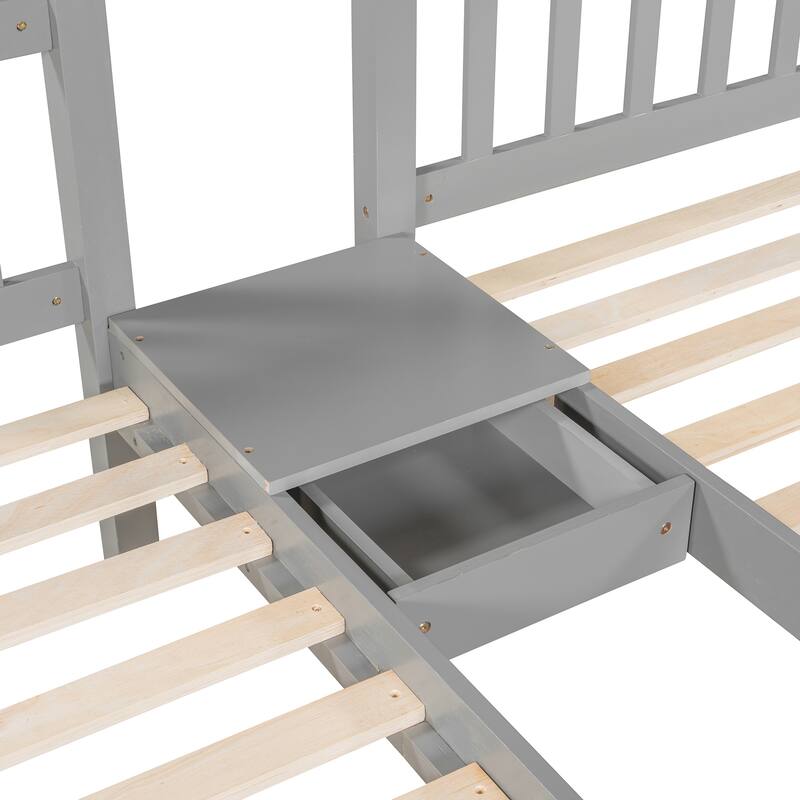 Detachable Triple Bunk Bed Convertible 3 Platform Beds, Wood Full Over Twin & Twin Bunk Bed Frame with Drawers and Guardrails