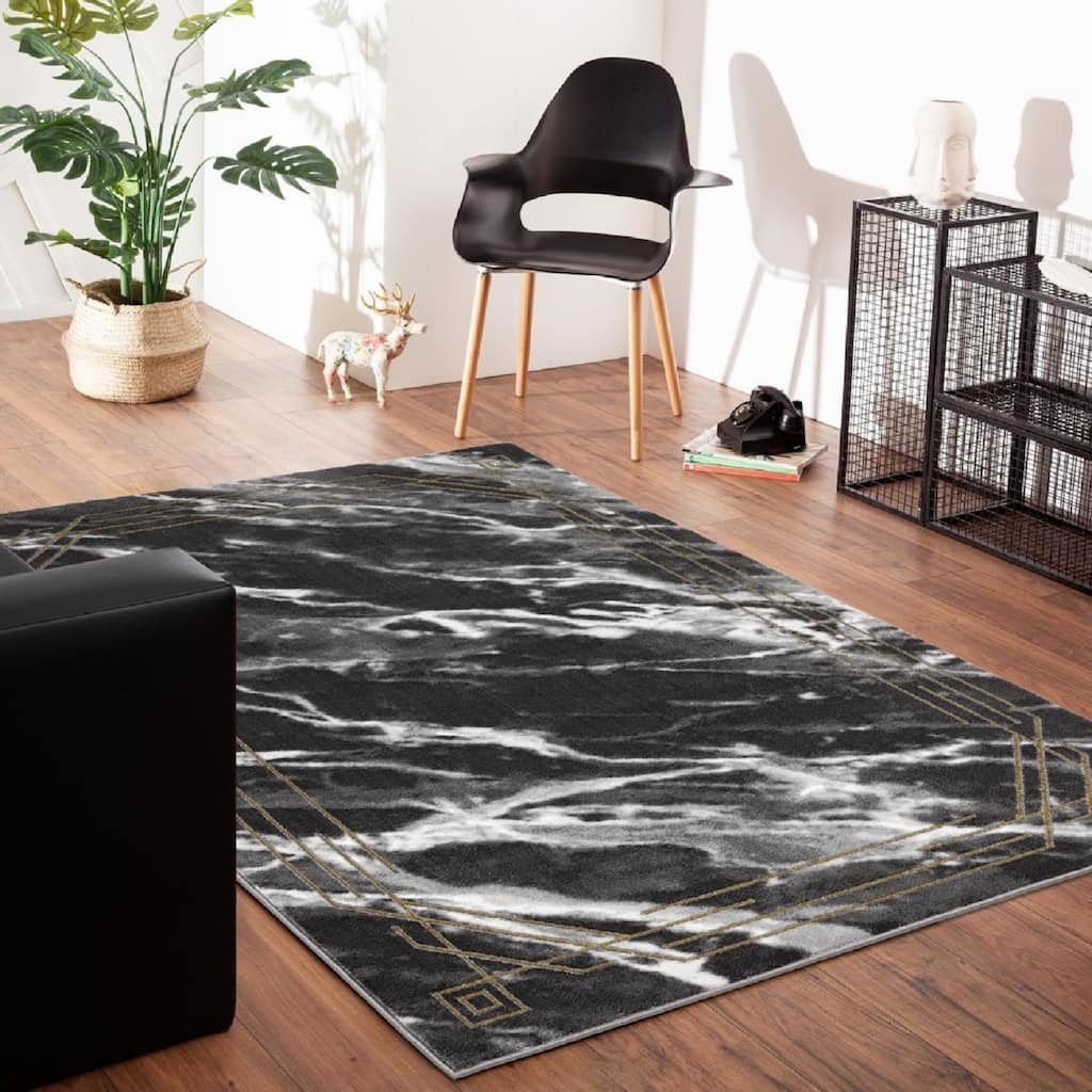 Brooklyn Collection Abstract Grey/Gold Border Area Rug