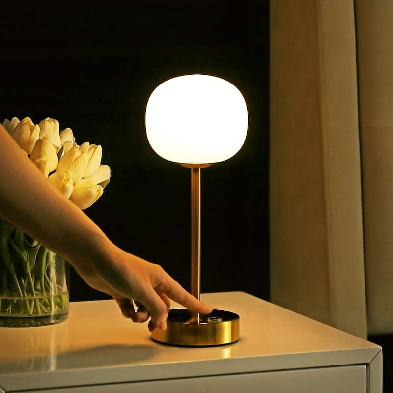 Xavier 12.25" Modern Minimalist Iron Wireless Rechargeable Integrated LED Table Lamp, Nickel/White by JONATHAN Y