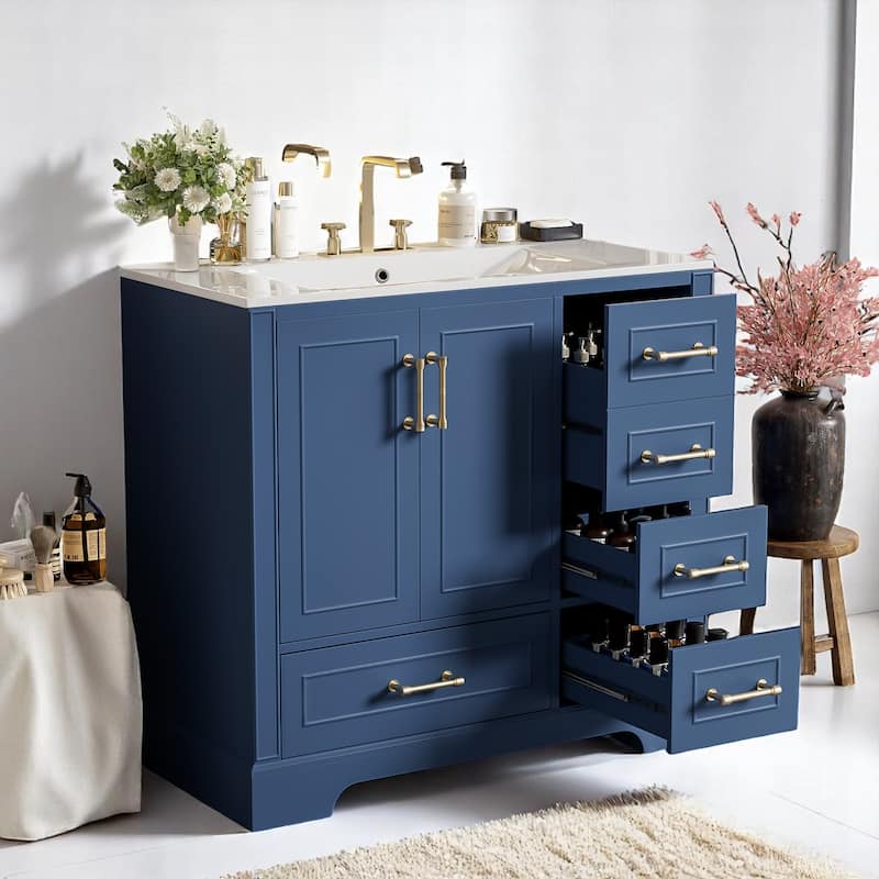 36 Inch Bathroom Vanity with Sink, Freestanding Cabinet with Gold Handles, Soft-Close Doors & Drawers