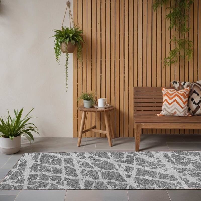 Alfi Contemporary Abstract Weather Resistant Blended Style Outdoor Rug - 8' Runner - Charcoal