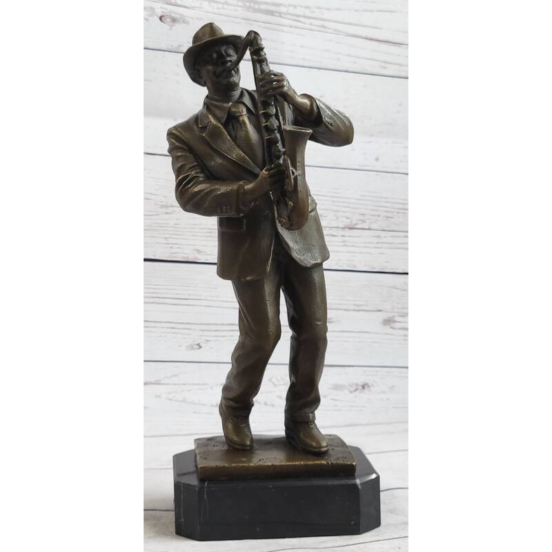 Hot Cast Saxophone Player Bronze Sculpture Marble Base Figurine Figure Home Deco