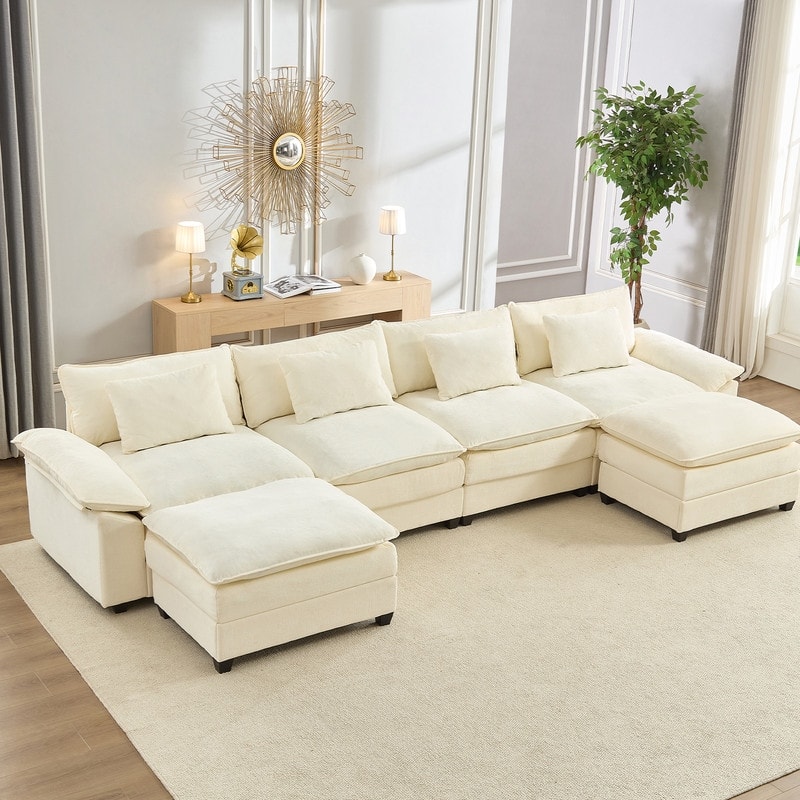 Modern 156''Oversized U-Shaped Modular Sectional Sofa with 2 Ottomans,6-Seat Cloud Couch,Chenille Sofa Sleeper Deep Seat Couches - Beige - 4+2