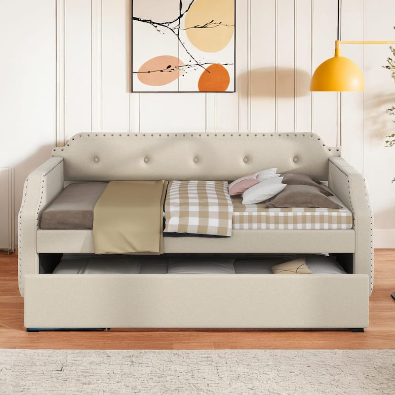 Upholstered Daybed with Trundle, Wood Slat Support,Upholstered Frame Sofa Bed, Twin, Beige
