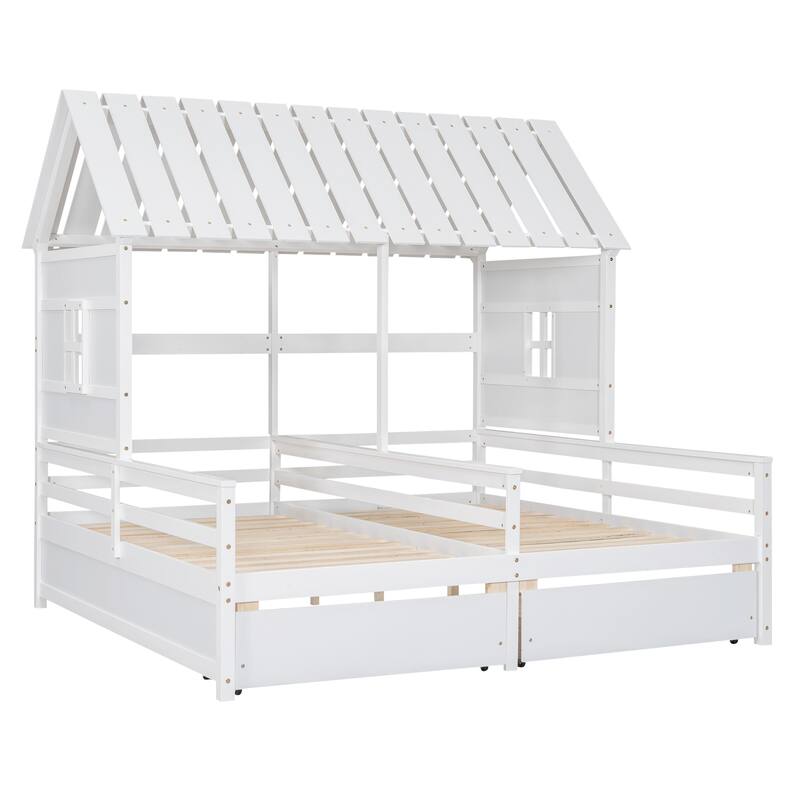 Twin House Beds with Storage Drawers, Perfect for Boy and Girl Shared Bedroom, Pine Wood Frame