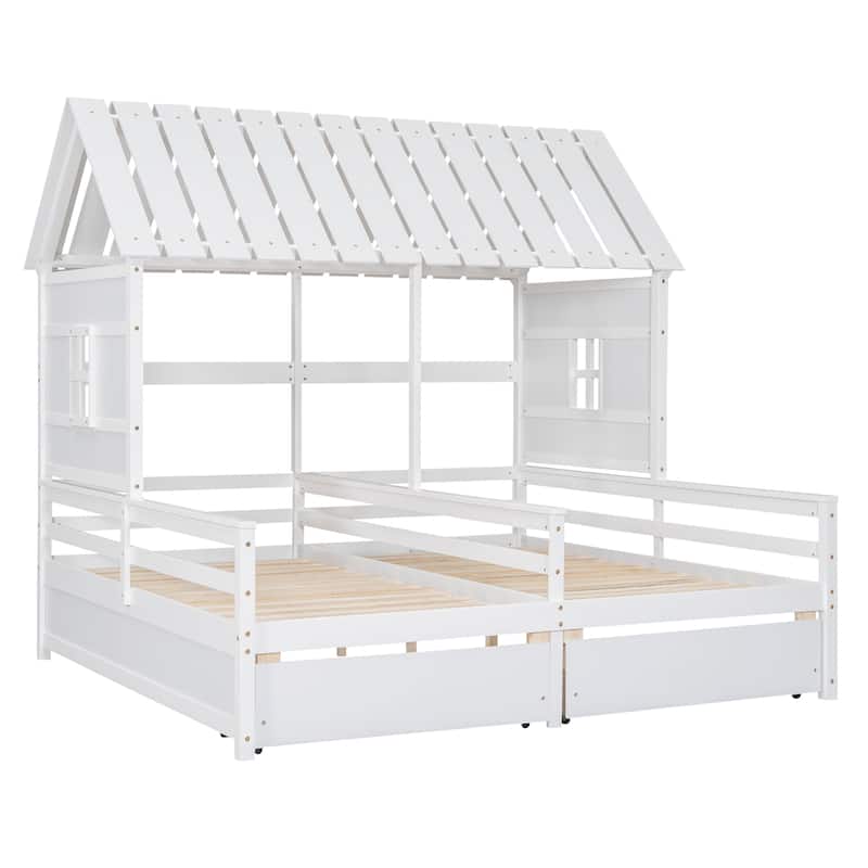 Twin Solid Wood House Platform Beds with Drawers