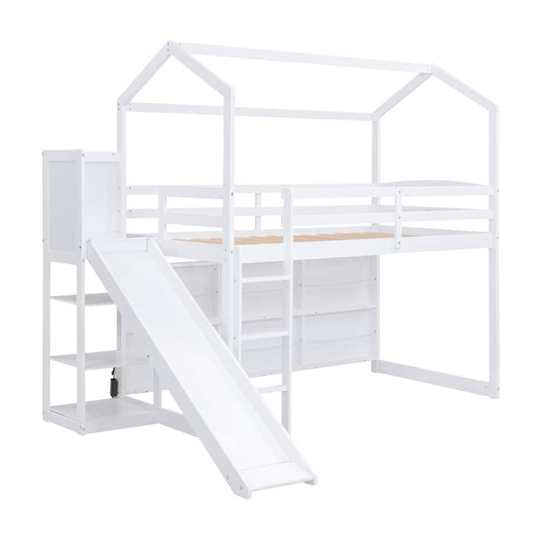 Twin Size Wood Loft Bed with Slide, Storage Shelves, and Light in White
