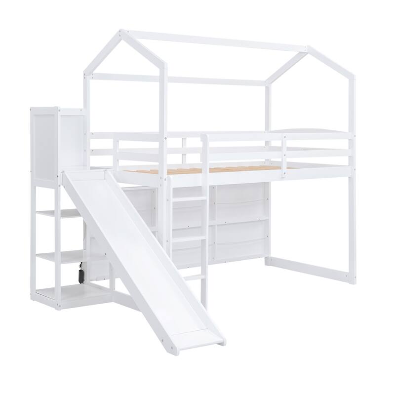 Wooden Playhouse Loft Bed with Trundle, Slide, and Storage Shelves