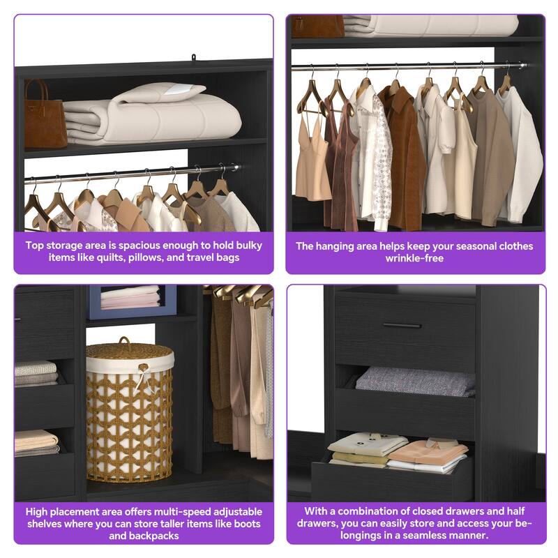 Qvella 72''-204'' Corner Closet System with 10 Wooden Drawers and 10 Hanging Rods, Walk-in Closet Organizer Wardrobe Rack