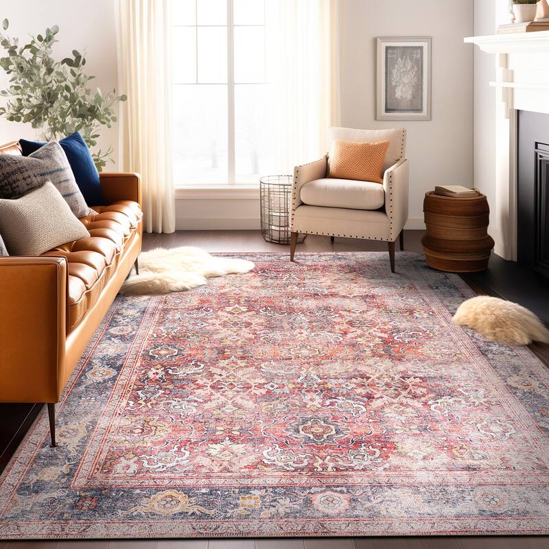 World Rug Gallery Vintage Bordered Machine Washable Non Slip Area Rug