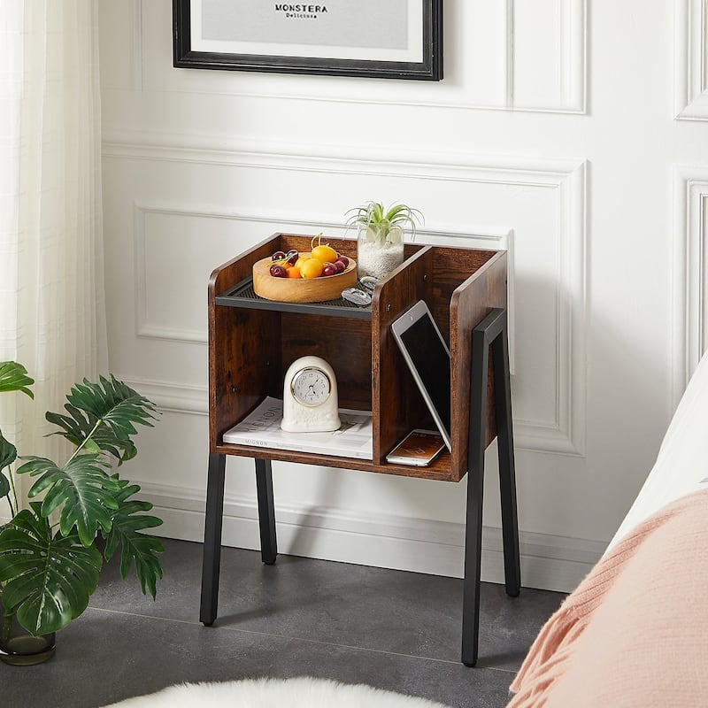 VECELO Set of 2 Industrial Nightstands with Storage Shelves,Brown