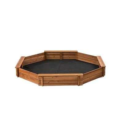 Octagon Wooden Cedar Sandbox w/Seat Boards, Cover & Ground Liner