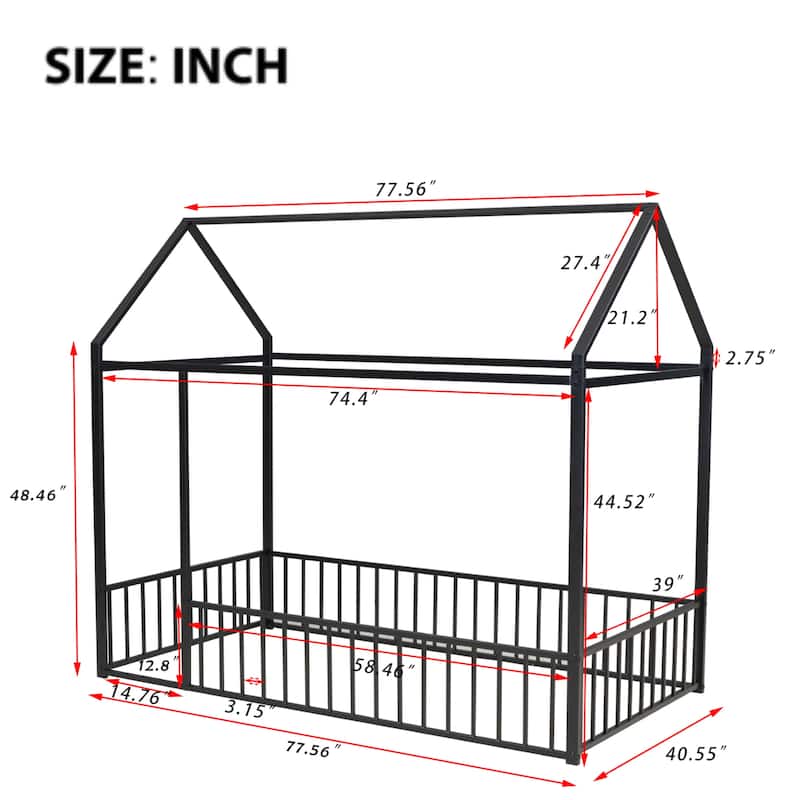 Twin Size Metal Bed House Bed Frame with Fence, for Kids, Teens, Girls, Boys