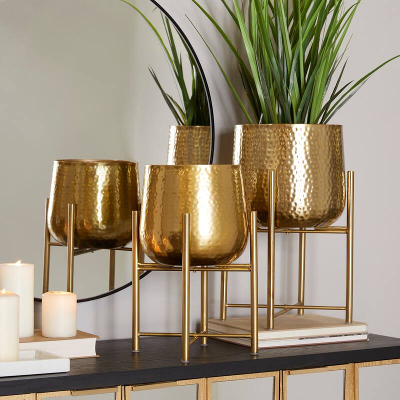 Metal Hammered Planter with X-Shaped Stands - Set of 2 Silver, Black or Gold - CosmoLiving by Cosmopolitan