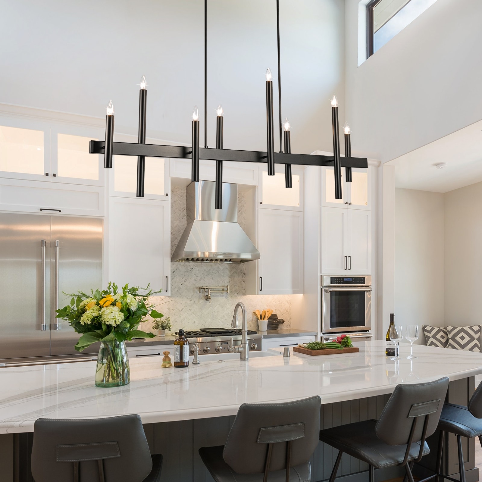 Modern 8-Light Linear Chandelier for Kitchen Island
