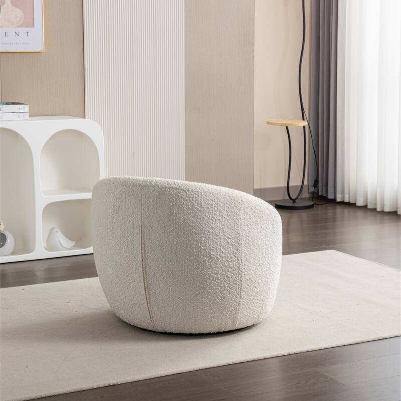 Modern 31" Boucle Upholstered Barrel Chair with 360° Swivel and Round Metal Base