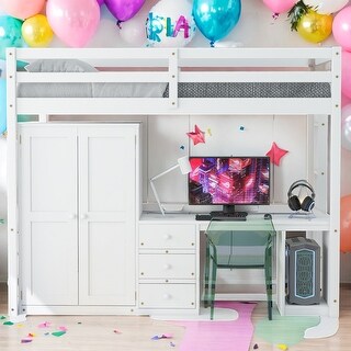 Full Size Loft Bed with Wardrobe, Desk, Drawers, and Open Storage Cabinet, Multi-Functional Space-Saving Design, White